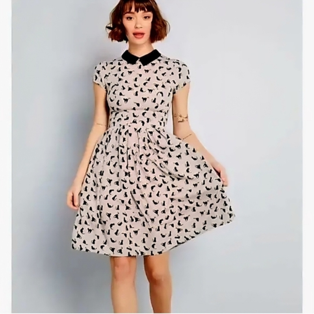 ModCloth Cream Dress with Black Collar & Cat Print